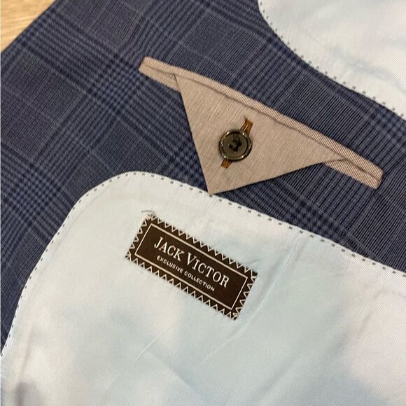 Jack Victor Gibson Blue Plaid Print Wool Single Breast Blazer Jacket 56R - Picture 10 of 12